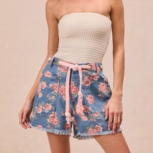 💗Hello Summer! BiBi Braided Waist Belt Patch Pockets Floral Print Denim Shorts